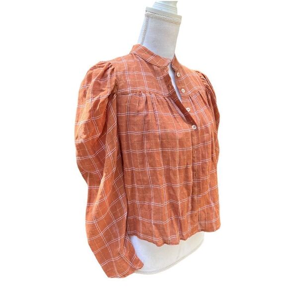 MANGO ORGANIC COTTON BLOUSE BROWN TAN CHECK PRINT GOLD METALLIC THREAD NWT SMALL - Picture 11 of 16